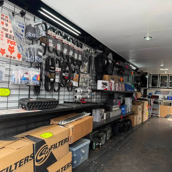 The parts wall inside the Savage trailer